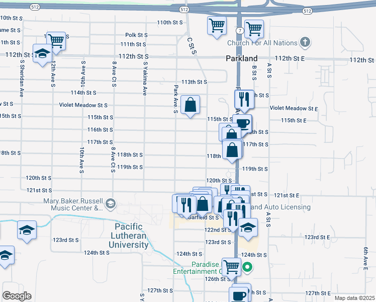 map of restaurants, bars, coffee shops, grocery stores, and more near 520 118th Street South in Tacoma