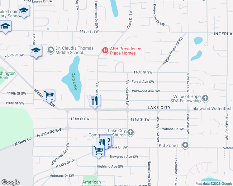map of restaurants, bars, coffee shops, grocery stores, and more near 9008 Wildwood Avenue Southwest in Tacoma