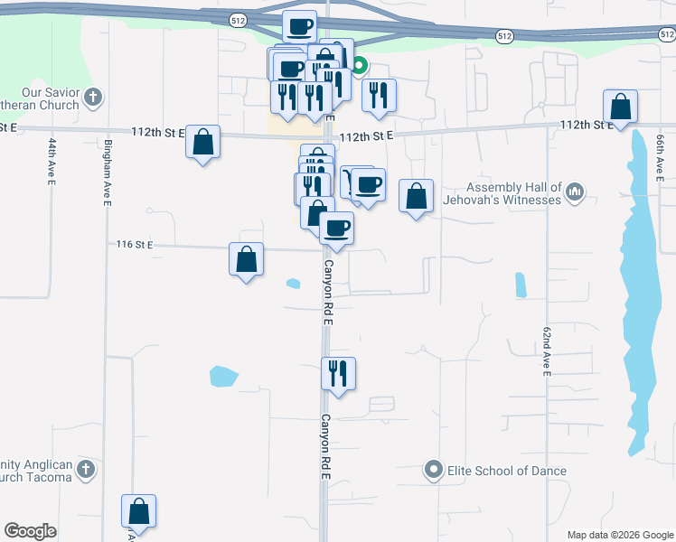 map of restaurants, bars, coffee shops, grocery stores, and more near 5401-5499 117th Street Court East in Puyallup