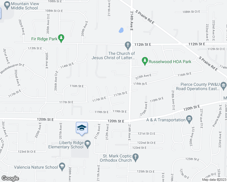 map of restaurants, bars, coffee shops, grocery stores, and more near 11618 212th Avenue Court East in Sumner