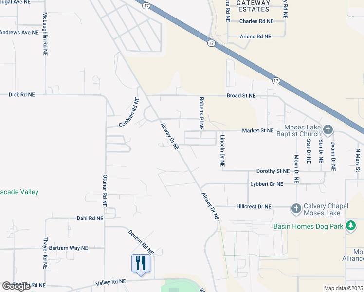map of restaurants, bars, coffee shops, grocery stores, and more near 4337 Airway Drive Northeast in Moses Lake
