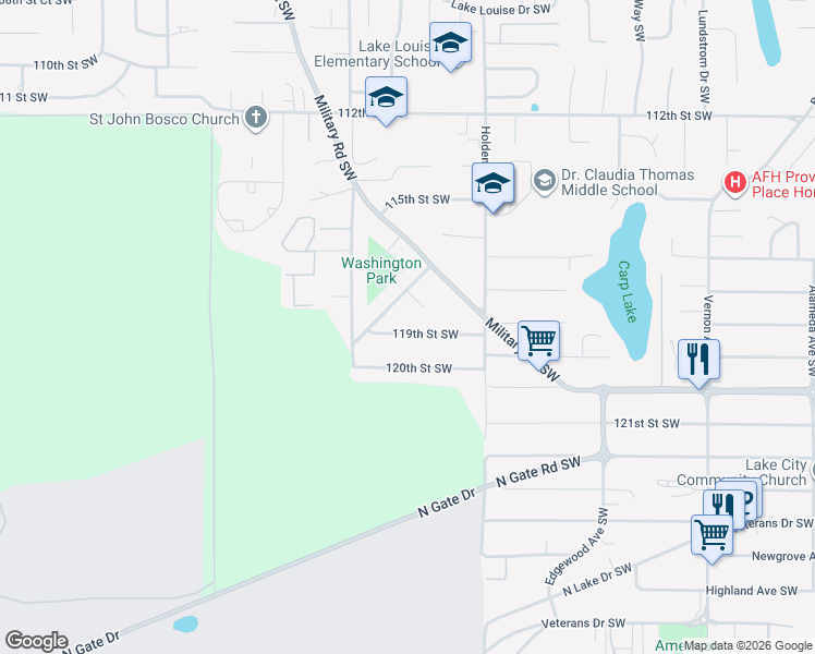 map of restaurants, bars, coffee shops, grocery stores, and more near 10021 120th Street Southwest in Lakewood