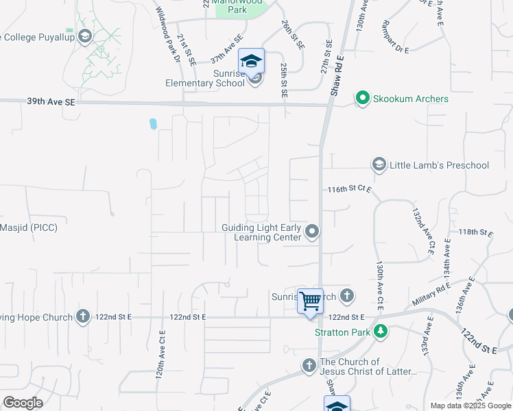 map of restaurants, bars, coffee shops, grocery stores, and more near 4513 24th Street Southeast in Puyallup