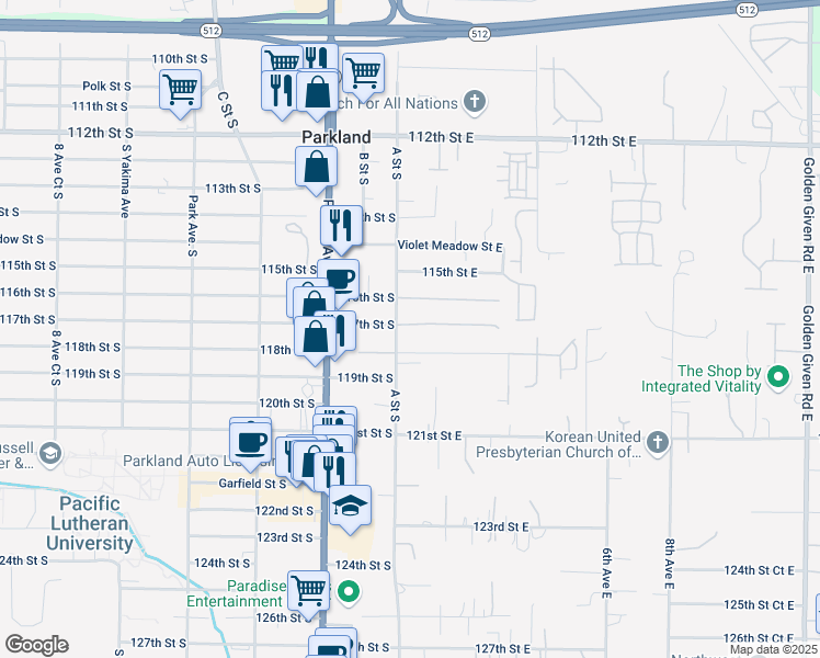 map of restaurants, bars, coffee shops, grocery stores, and more near 106 117th Street East in Tacoma