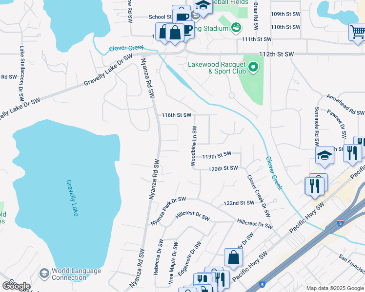 map of restaurants, bars, coffee shops, grocery stores, and more near 11708 64th Avenue Southwest in Tacoma