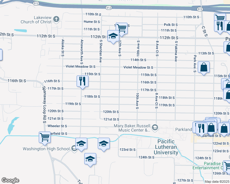 map of restaurants, bars, coffee shops, grocery stores, and more near 1216 116th Street South in Tacoma