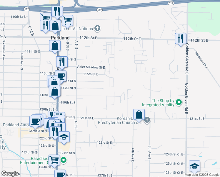 map of restaurants, bars, coffee shops, grocery stores, and more near 318 117th Street East in Tacoma