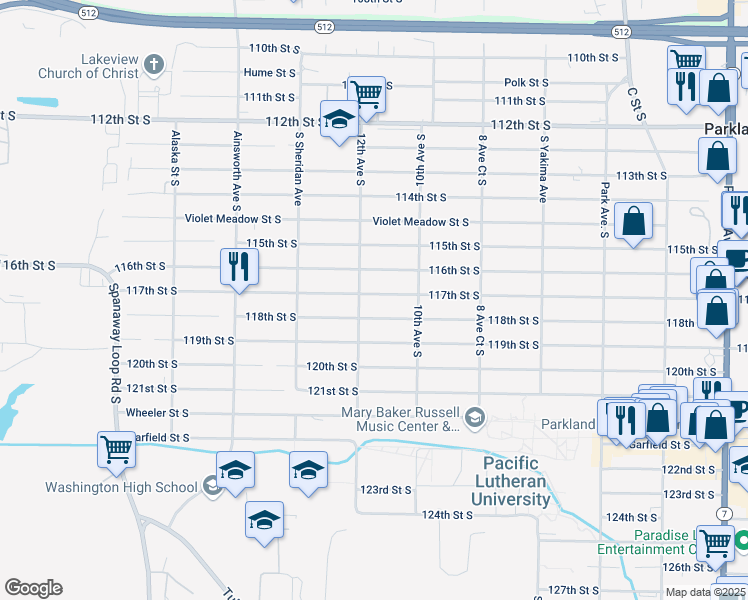 map of restaurants, bars, coffee shops, grocery stores, and more near 1112 116th Street South in Tacoma