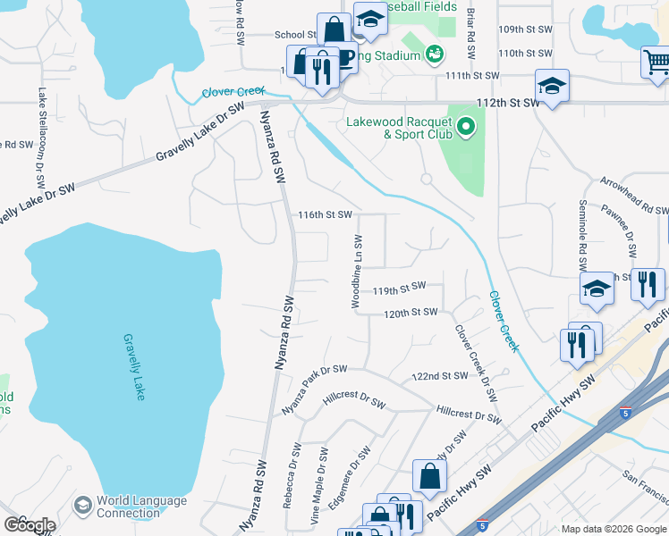 map of restaurants, bars, coffee shops, grocery stores, and more near 11708 64th Avenue Southwest in Tacoma