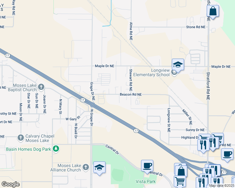 map of restaurants, bars, coffee shops, grocery stores, and more near 313 Washington 17 in Coulee City