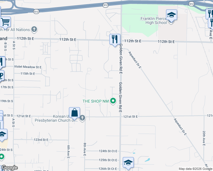 map of restaurants, bars, coffee shops, grocery stores, and more near 11702 9th Avenue Court East in Tacoma