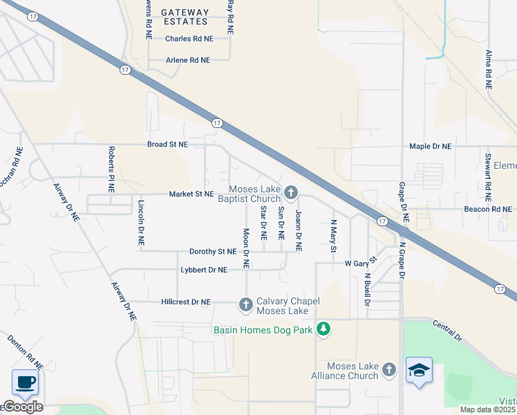map of restaurants, bars, coffee shops, grocery stores, and more near 4349 Star Drive Northeast in Moses Lake