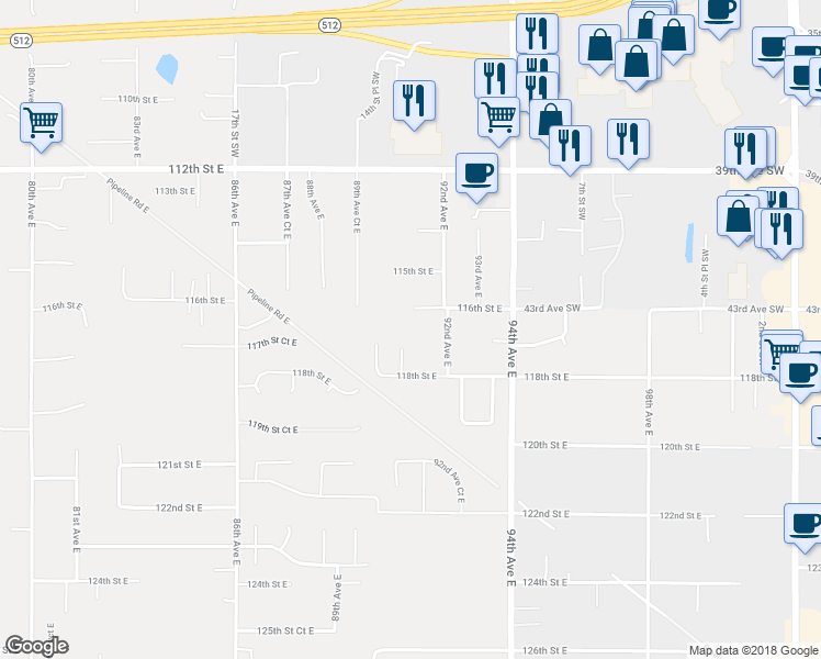 map of restaurants, bars, coffee shops, grocery stores, and more near 9022 116th Street East in Puyallup