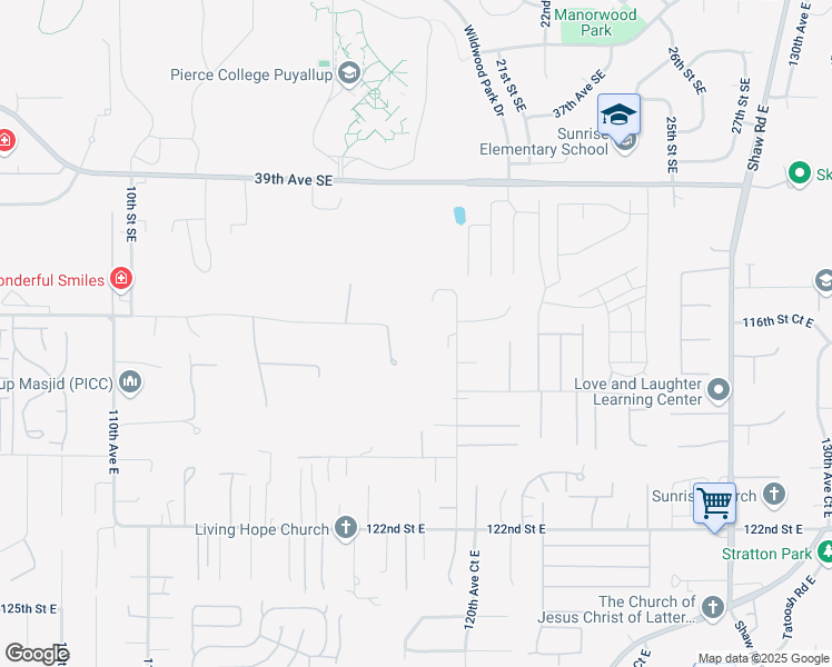 map of restaurants, bars, coffee shops, grocery stores, and more near 11810 116th Street East in Puyallup
