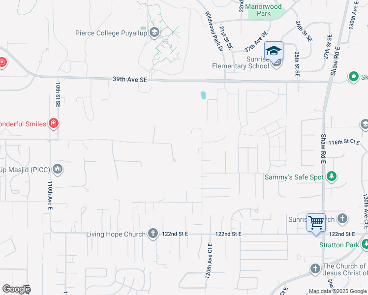 map of restaurants, bars, coffee shops, grocery stores, and more near 11810 116th Street East in Puyallup