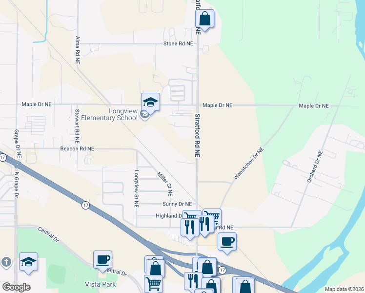 map of restaurants, bars, coffee shops, grocery stores, and more near 4370 Stratford Road Northeast in Moses Lake