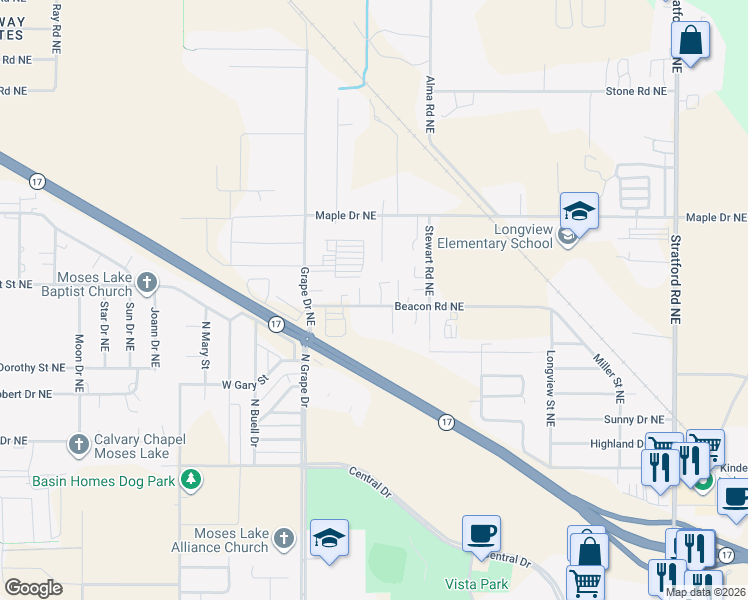 map of restaurants, bars, coffee shops, grocery stores, and more near 9388 Beacon Road Northeast in Moses Lake