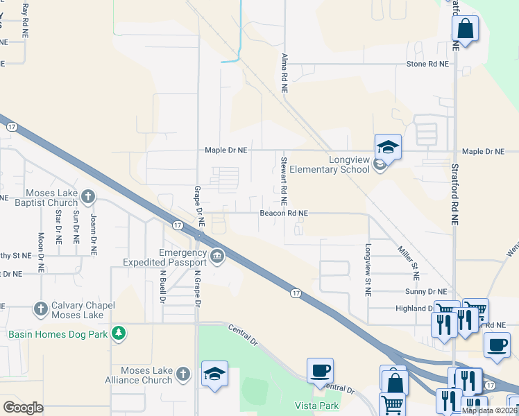 map of restaurants, bars, coffee shops, grocery stores, and more near 313 Washington 17 in Coulee City