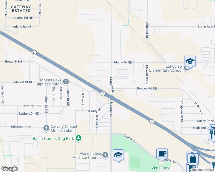map of restaurants, bars, coffee shops, grocery stores, and more near 4330 Grape Drive Northeast in Moses Lake