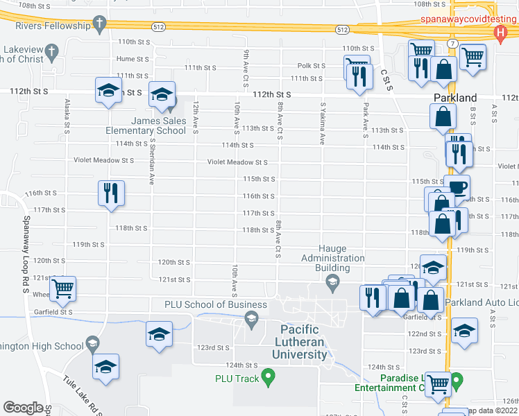 map of restaurants, bars, coffee shops, grocery stores, and more near 873 117th Street South in Tacoma
