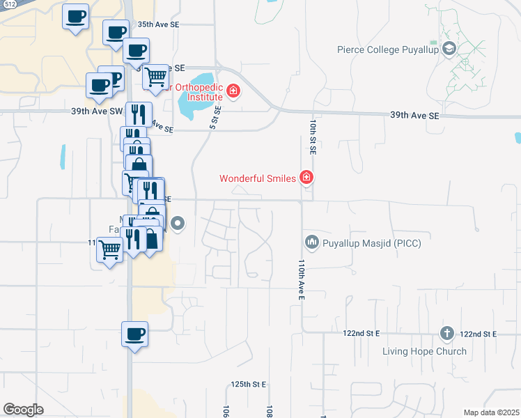 map of restaurants, bars, coffee shops, grocery stores, and more near 699 43rd Avenue Court Southeast in Puyallup