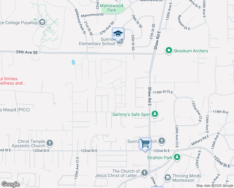 map of restaurants, bars, coffee shops, grocery stores, and more near 2322 43rd Avenue Southeast in Puyallup
