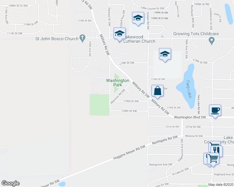 map of restaurants, bars, coffee shops, grocery stores, and more near 11734 Masonic Road Southwest in Lakewood