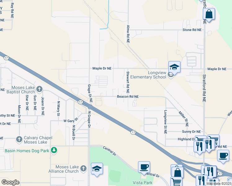 map of restaurants, bars, coffee shops, grocery stores, and more near 313 Washington 17 in Coulee City