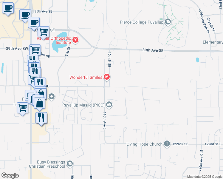 map of restaurants, bars, coffee shops, grocery stores, and more near 11014 116th Street East in Puyallup