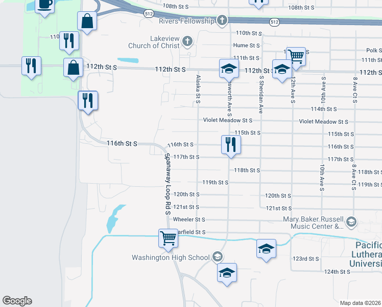map of restaurants, bars, coffee shops, grocery stores, and more near 11614 Alaska Street South in Tacoma