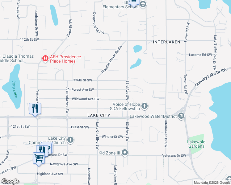 map of restaurants, bars, coffee shops, grocery stores, and more near 8406 Forest Avenue Southwest in Tacoma