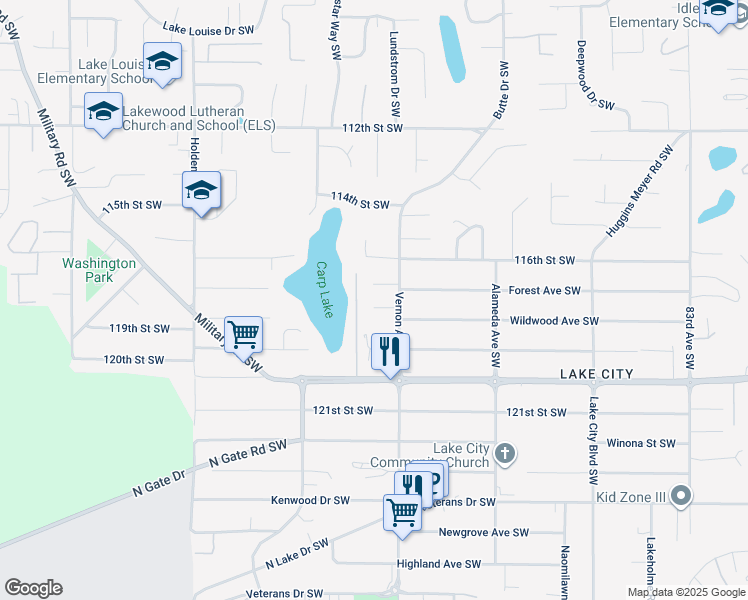 map of restaurants, bars, coffee shops, grocery stores, and more near 9217 117th Street Court Southwest in Tacoma