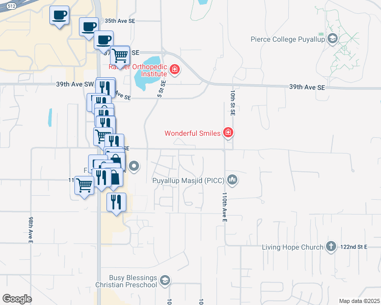 map of restaurants, bars, coffee shops, grocery stores, and more near 699 43rd Avenue Court Southeast in Puyallup