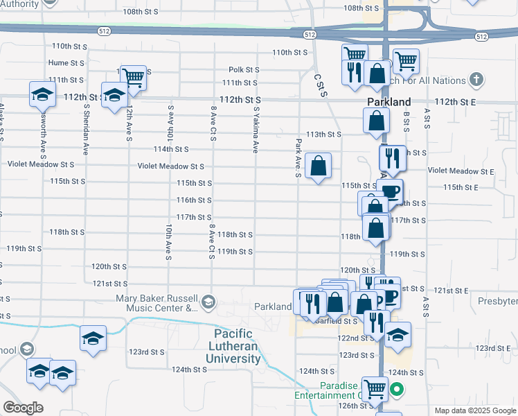 map of restaurants, bars, coffee shops, grocery stores, and more near 11601 Yakima Avenue South in Parkland