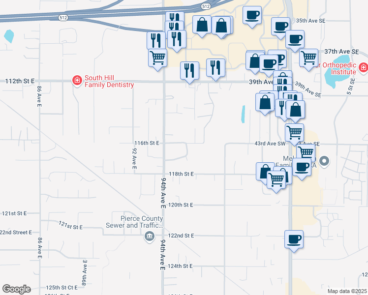 map of restaurants, bars, coffee shops, grocery stores, and more near 9424 116th Street East in Puyallup
