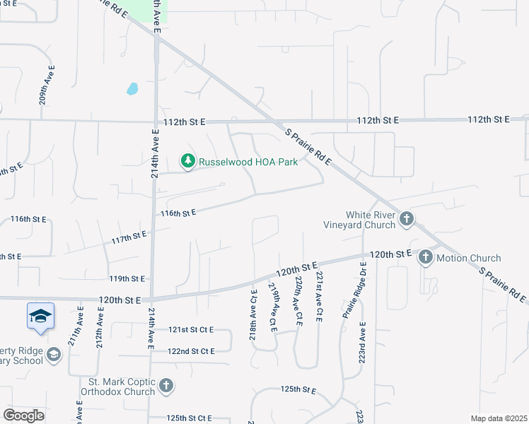 map of restaurants, bars, coffee shops, grocery stores, and more near 21809 116th Street Court East in Sumner