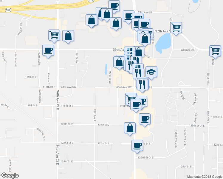 map of restaurants, bars, coffee shops, grocery stores, and more near 11601 99th Avenue Court East in Puyallup