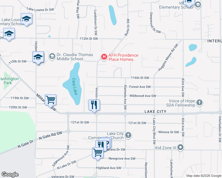 map of restaurants, bars, coffee shops, grocery stores, and more near 9020 Forest Avenue Southwest in Lakewood