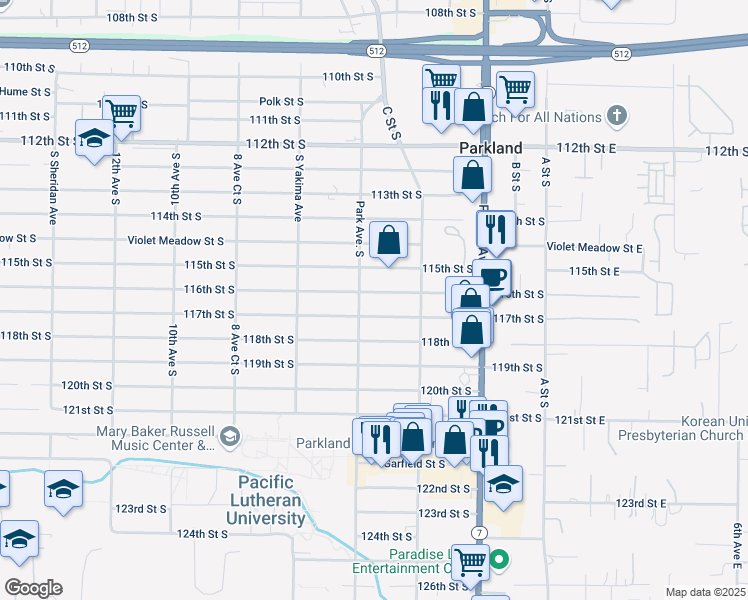 map of restaurants, bars, coffee shops, grocery stores, and more near 516 116th Street South in Tacoma