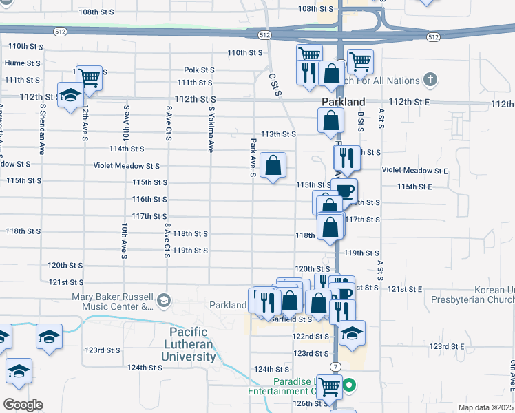 map of restaurants, bars, coffee shops, grocery stores, and more near 516 116th Street South in Tacoma