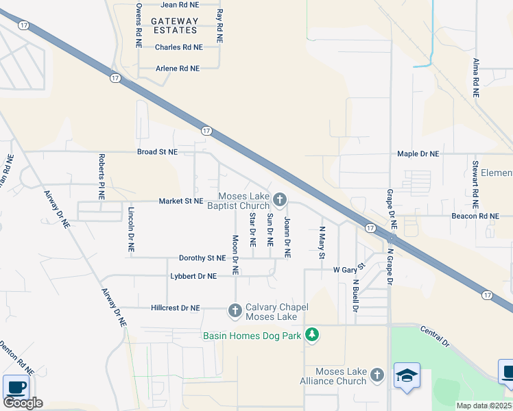 map of restaurants, bars, coffee shops, grocery stores, and more near 4349 Star Drive Northeast in Moses Lake