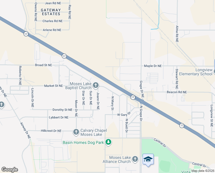 map of restaurants, bars, coffee shops, grocery stores, and more near 1168 West Market Street in Moses Lake