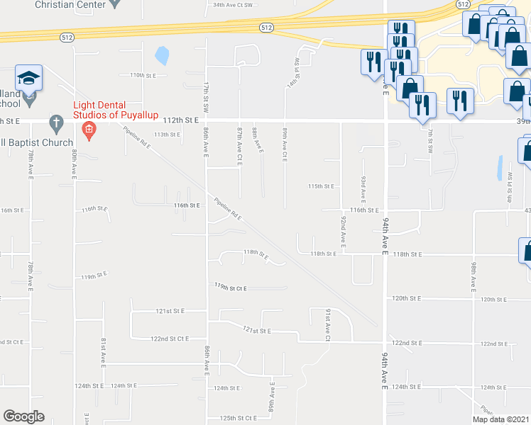 map of restaurants, bars, coffee shops, grocery stores, and more near 11611 Pipeline Road East in Puyallup