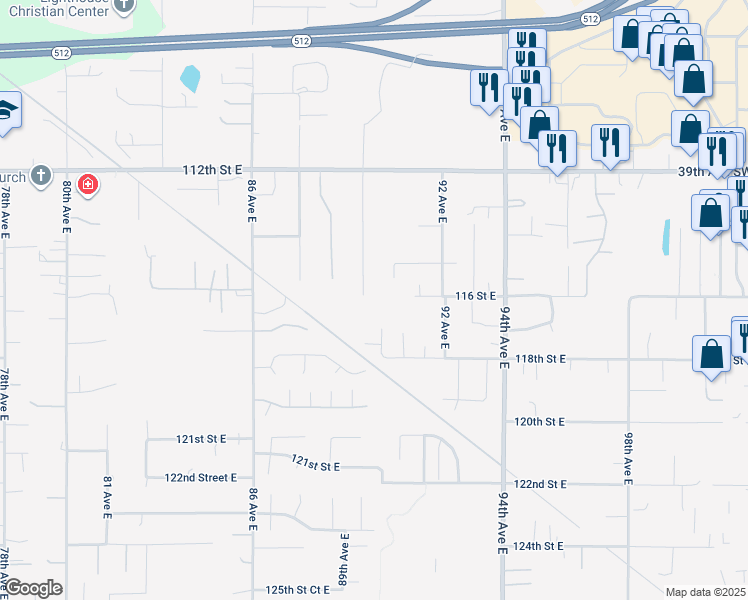 map of restaurants, bars, coffee shops, grocery stores, and more near 11607 89th Avct East in Puyallup