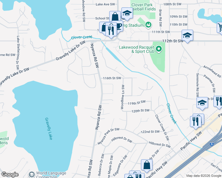 map of restaurants, bars, coffee shops, grocery stores, and more near 11708 64th Avenue Southwest in Tacoma