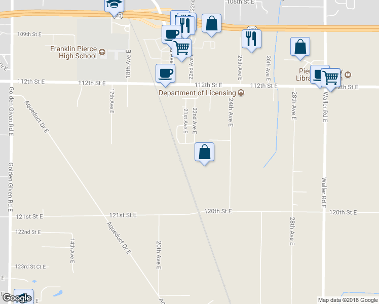 map of restaurants, bars, coffee shops, grocery stores, and more near 11622 24th Avenue East in Tacoma