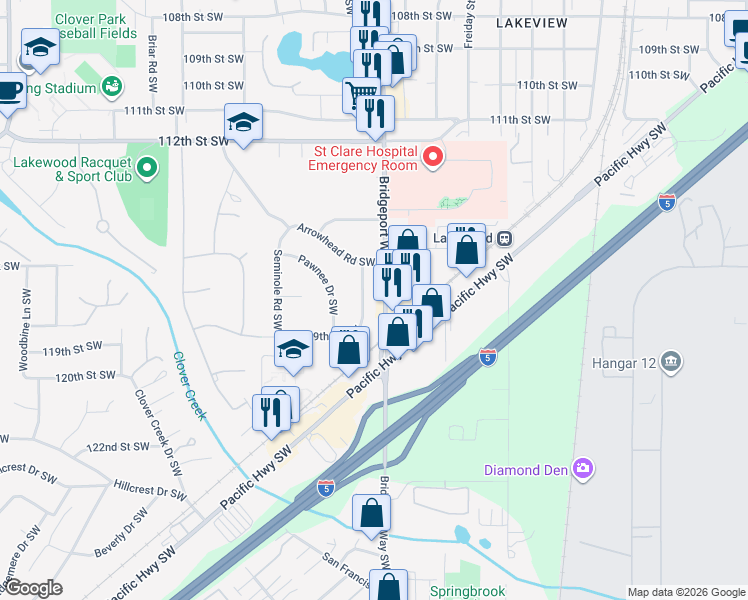 map of restaurants, bars, coffee shops, grocery stores, and more near 11715 Tomahawk Road Southwest in Lakewood