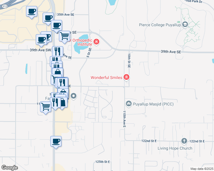 map of restaurants, bars, coffee shops, grocery stores, and more near 699 43rd Avenue Court Southeast in Puyallup