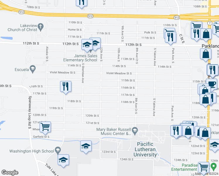 map of restaurants, bars, coffee shops, grocery stores, and more near 1112 116th Street South in Tacoma