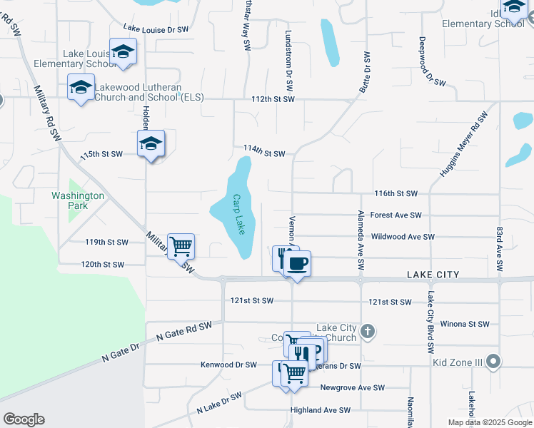 map of restaurants, bars, coffee shops, grocery stores, and more near 9217 117th Street Court Southwest in Tacoma